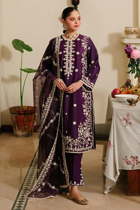 Elegant-3PC LAWN EMBROIDERED SHIRT, SLEEVES AND DUPATTA & DYED TROUSER -ESF005